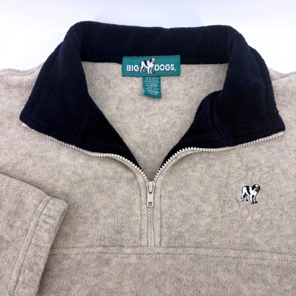 Big Dogs Mens Medium Gray Navy Blue Quarter Zip Fleece Pullover Logo Sweatshirt